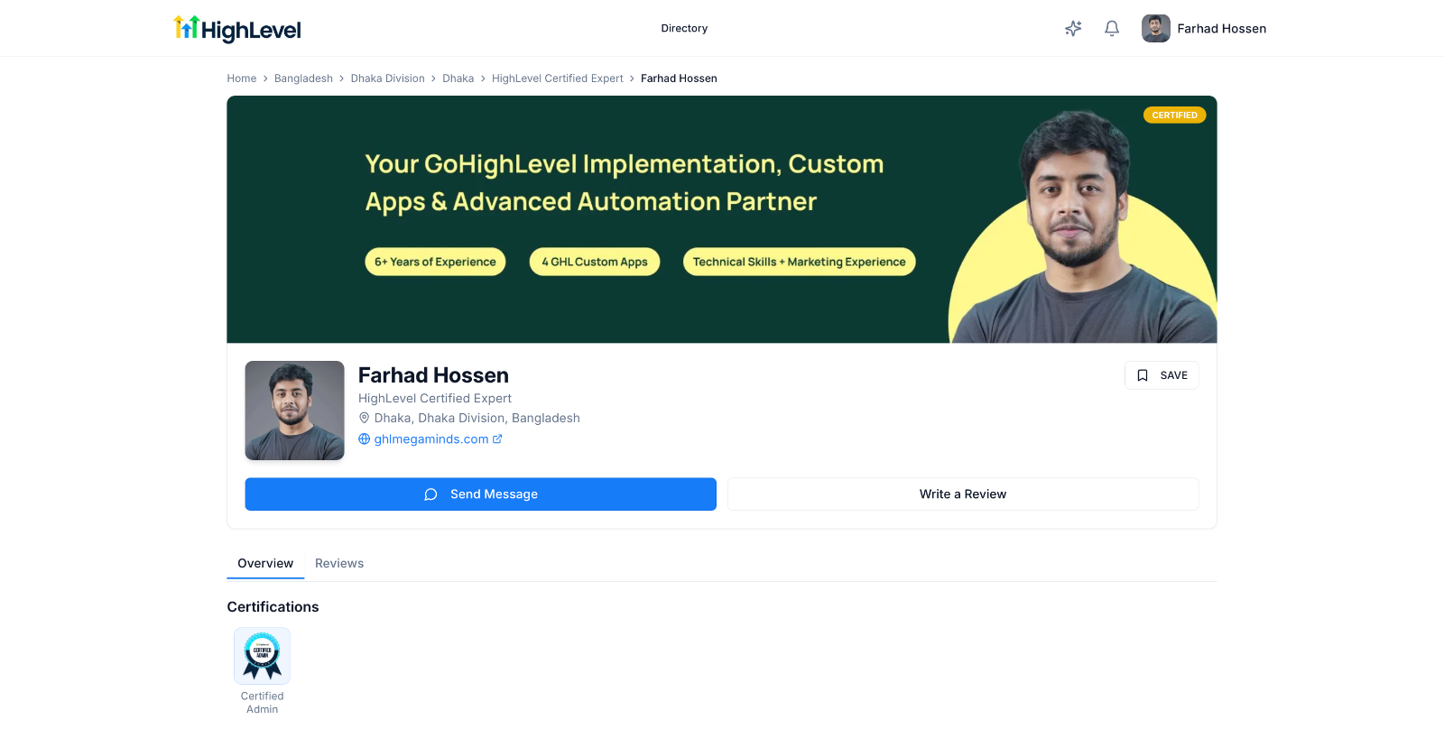 Farhad Hossen's GoHighLevel Certified Admin directory profile
